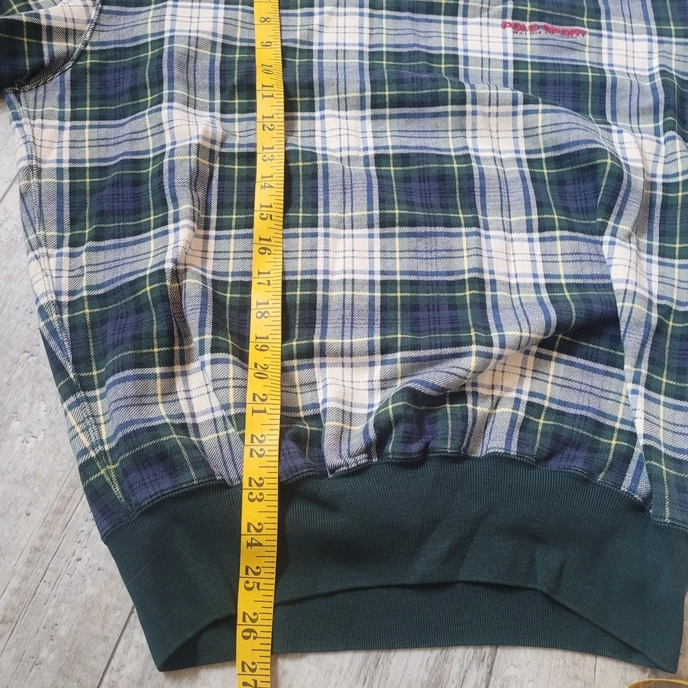 VTG Polo Sport Ralph Lauren Plaid Sweatshirt Small Green Blue Tartan 90 Crewneck